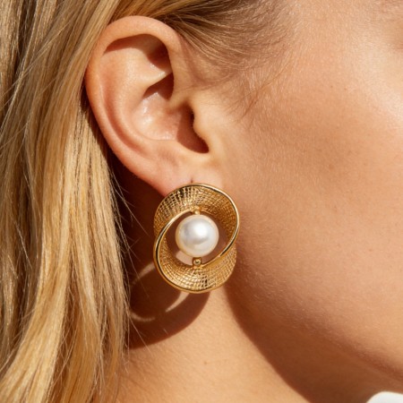Boucles d'oreilles puces élégantes pour femmes, en acier inoxydable imperméable, couleur or, forme irrégulière, strass et perle. 2