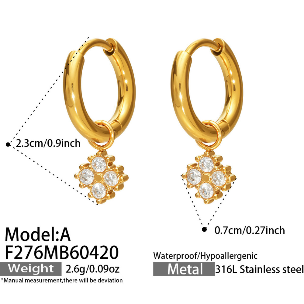 Boucles D'Oreilles Créoles Pour Femmes, En Acier Inoxydable, Étanches, Couleur Or, Ornées De Zircon Et Représentant Une Fleur Simple. 