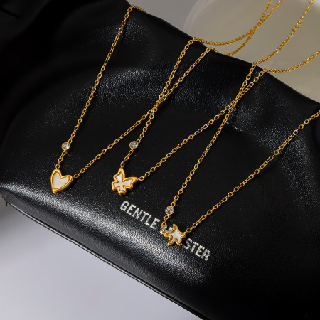 Collier pendentif simple pour femme, en acier inoxydable, couleur or, avec motif cœur, papillon et étoile de mer.