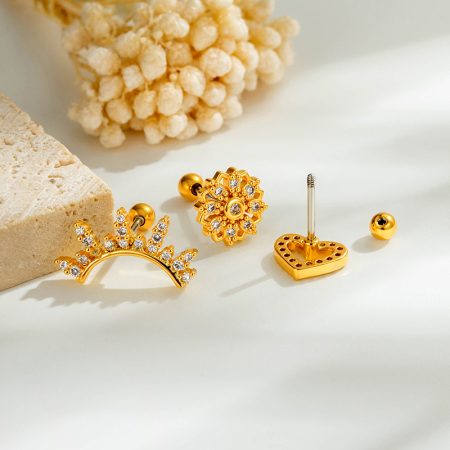 Boucles d'oreilles piercing femme, forme simple cœur et étoile, zircon couleur cuivre doré 2