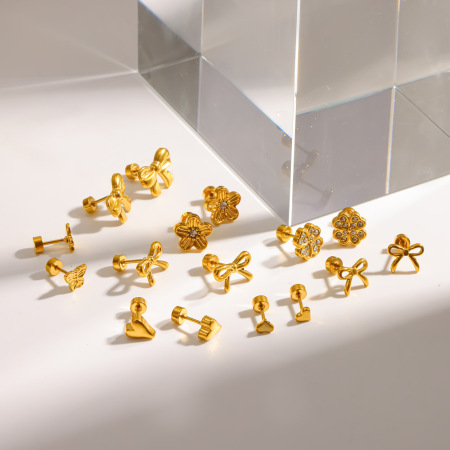 Boucles d'oreilles puces pour femmes, en acier inoxydable étanche, couleur or, ornées de strass, en forme de nœud papillon.