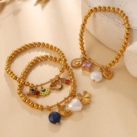 Bracelets pour femmes en acier inoxydable, ornés de perles, motif cœur, étoile et lune, couleur or, avec zircon.