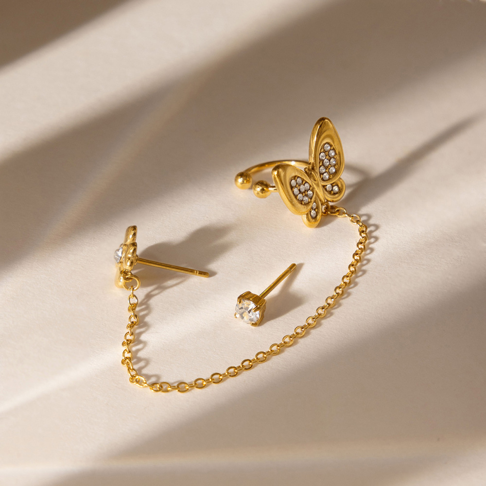 Boucles D'Oreilles Papillon À Pompon Doux En Acier Inoxydable Étanche Couleur Or Avec Zircon Pour Femmes Image4