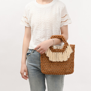 Sac Carré Pour Femme En Bois Ajouré, Orné De Pompons Tissés De Couleur Unie, Style Vacances h5 Image3