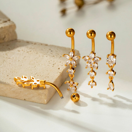 Piercings de nombril en zircon couleur cuivre et or, motif fleur simple, goutte, nœud papillon, étoile et papillon 2