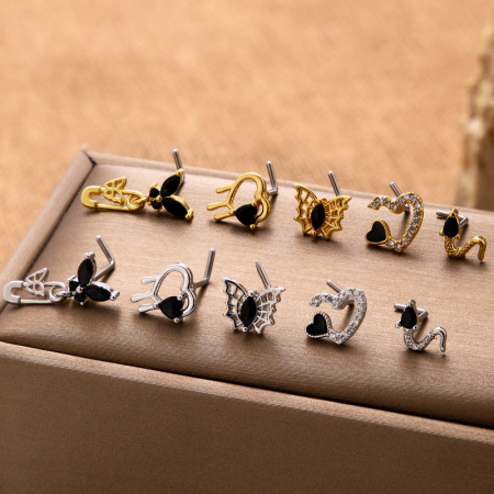 Piercing de nez pour femme, motif cœur, serpent et papillon, couleur cuivre et or, avec zircon.