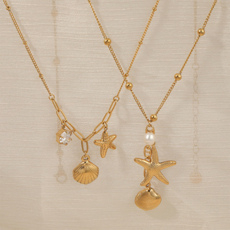 Colliers pendentifs pour femmes en acier inoxydable, couleur or, style océanique, étanches, avec zircon et perle