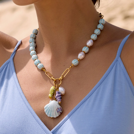 Colliers de perles en céramique pour femmes, en acier inoxydable, couleur or, motif coquillages de vacances