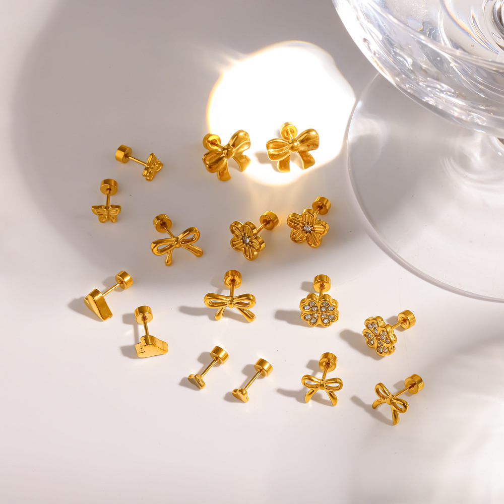 Boucles D'Oreilles Puces Pour Femmes, En Acier Inoxydable Étanche, Couleur Or, Ornées De Strass, En Forme De Nœud Papillon. Image3
