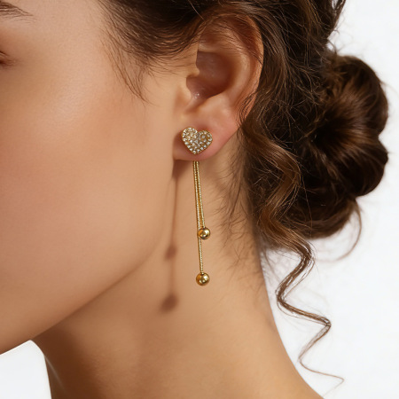 Boucles d'oreilles pendantes pour femme en acier inoxydable doré, en forme de cœur, avec strass, étanches.