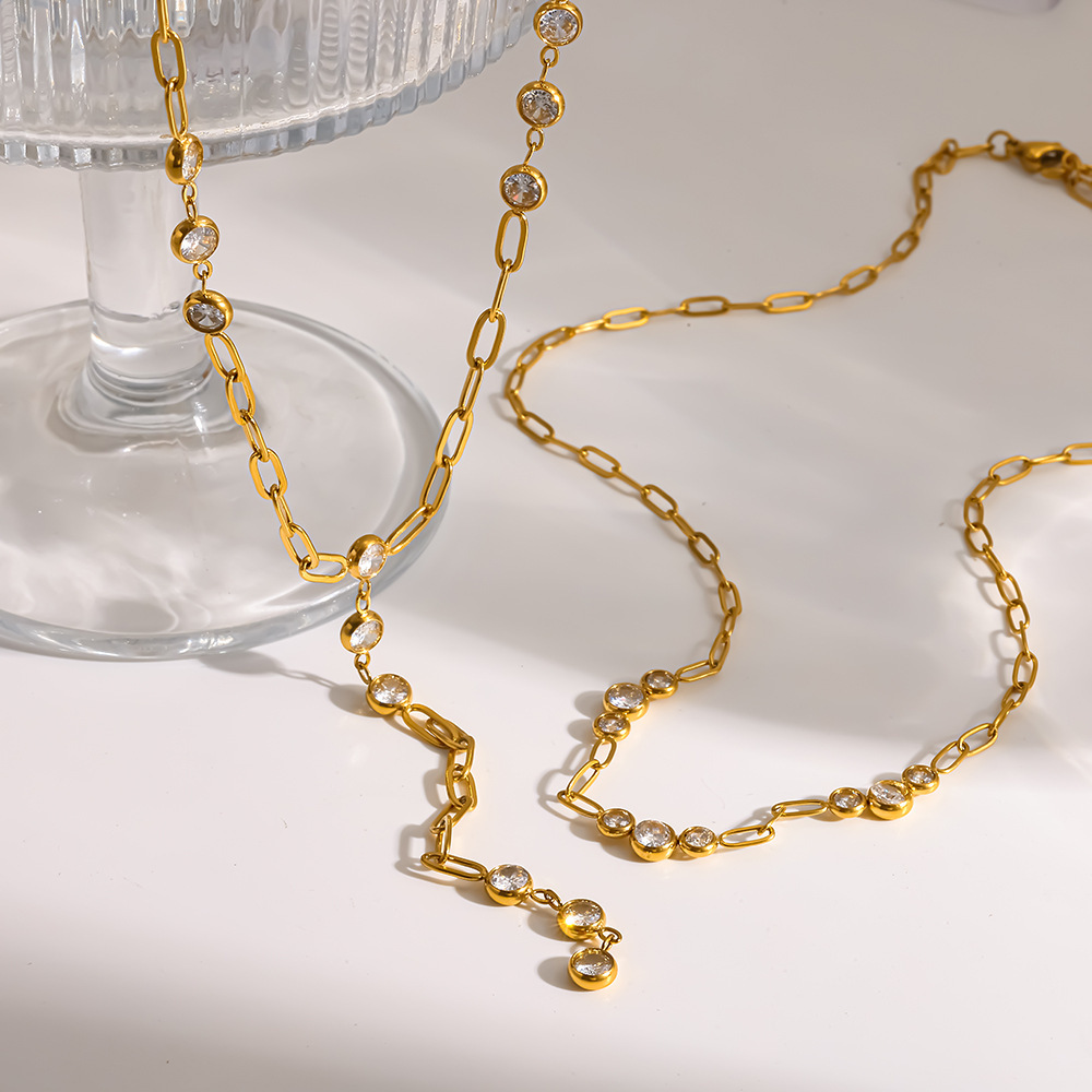 Colliers Pendentifs Pour Femmes En Acier Inoxydable Doré, Forme Géométrique Classique, Étanches, Avec Zircon. h5Image4