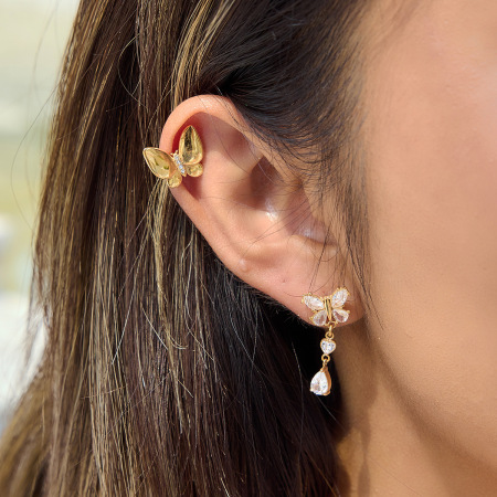 Boucles d'oreilles papillon douces en acier inoxydable, étanches, couleur or, avec zircon.