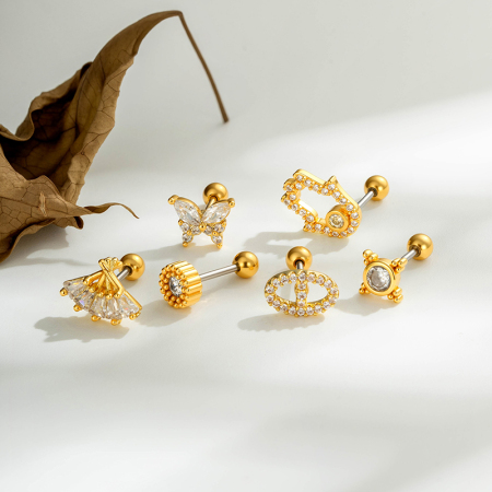 Boucles d'oreilles piercing pour femme, motif serpent et papillon, couleur cuivre doré et zircon, collection Simple