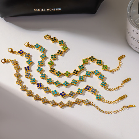 Bracelets à maillons pour femmes, luxueux, en acier inoxydable, étanches, couleur or, ornés de strass et de fleurs.