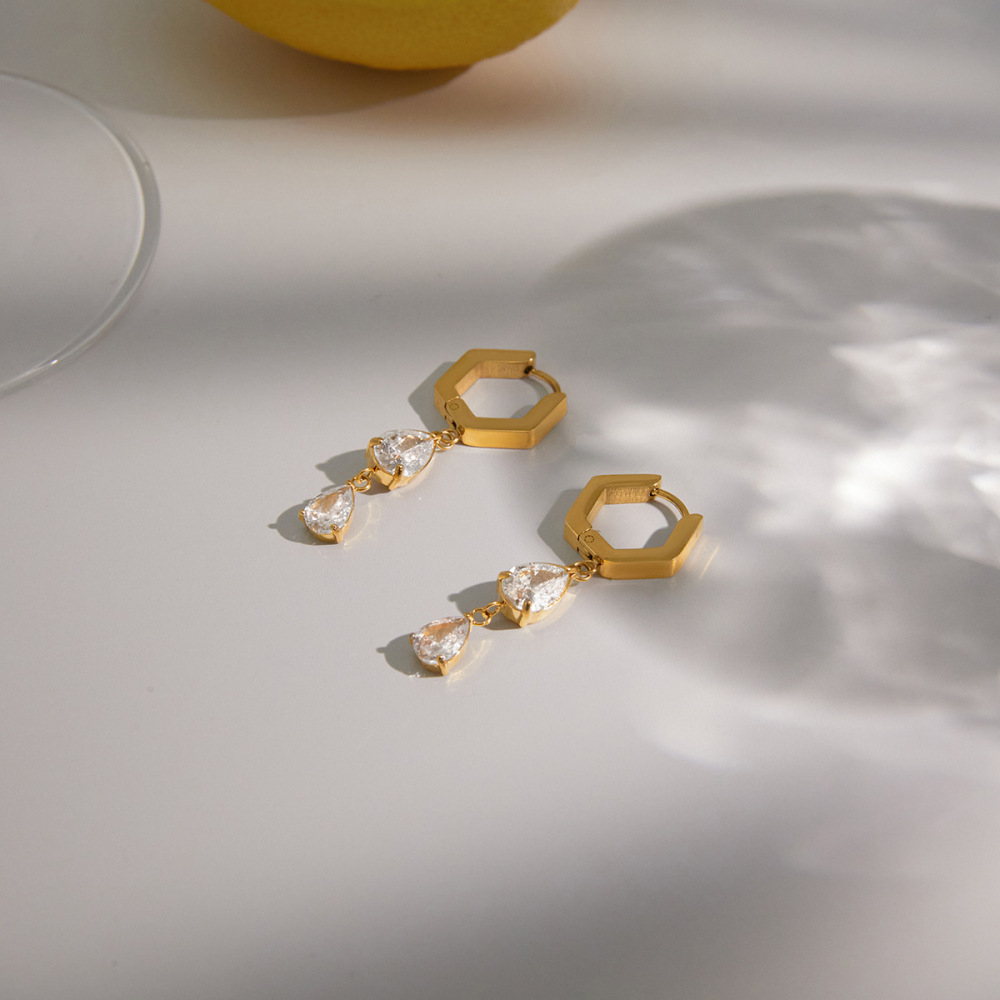 Boucles D'Oreilles Pendantes Pour Femmes, En Acier Inoxydable Étanche, Couleur Or, Avec Zircon. Image5