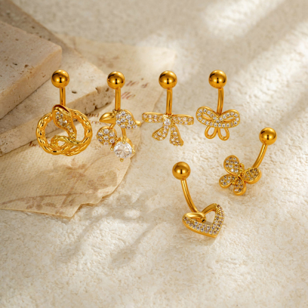 Piercings de nombril en zircon couleur cuivre et or, motif nœud papillon et cœur simple