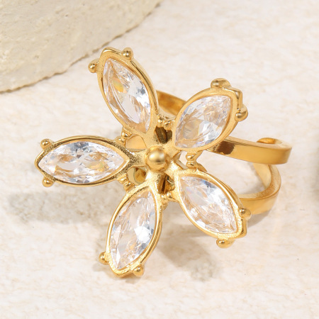 Bagues pour femmes en acier inoxydable doré, élégantes et ornées de pierres précieuses, avec motif floral raffiné. Collection Luxueuse. 2