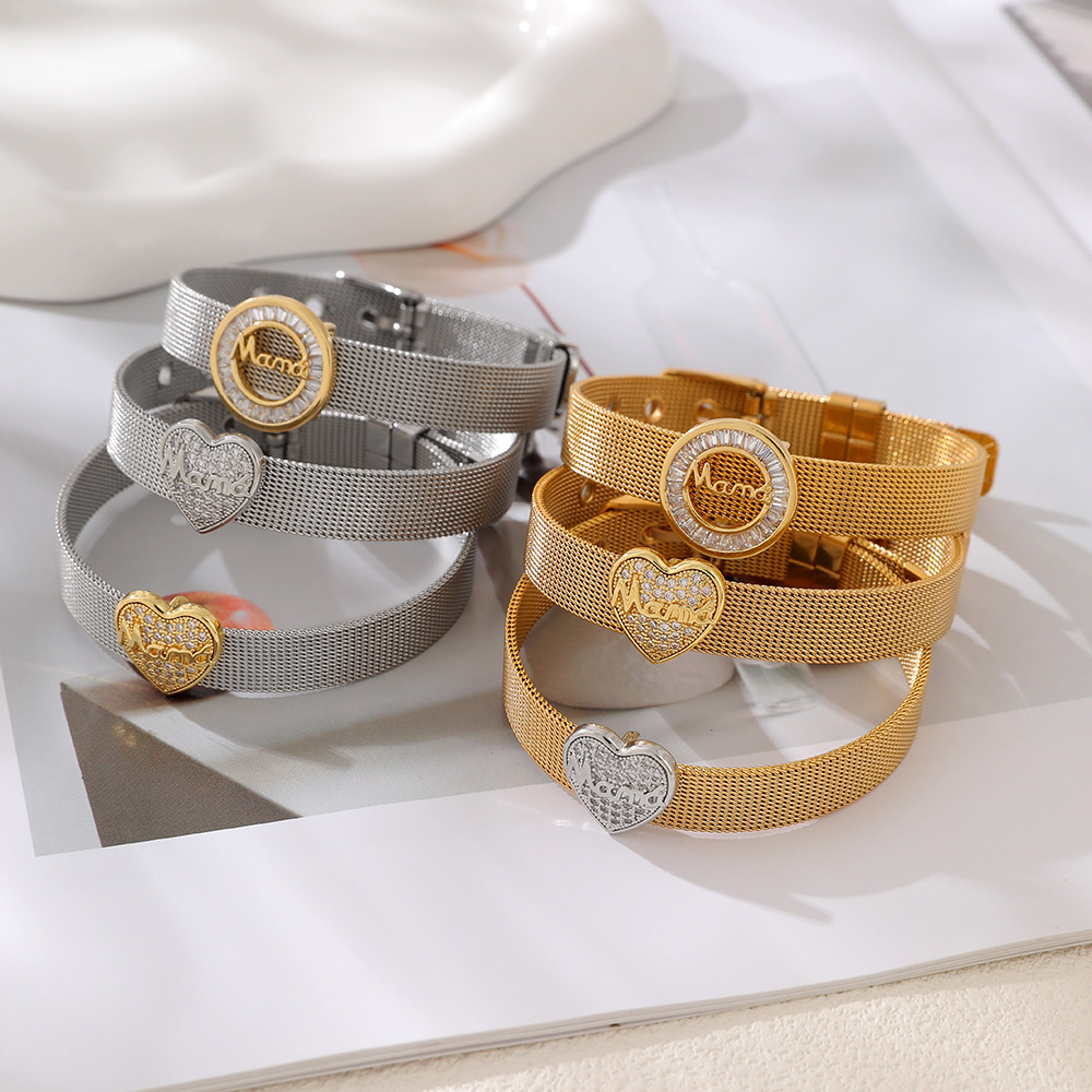 Bracelet Chaîne Femme Simple Series Retro Avec Lettre Cœur Et Cercle En Acier Titane Couleur Or Et Zircon Image2