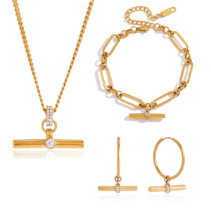 Ensembles De Colliers Pour Femmes En Acier Inoxydable En Forme De T, Étanches, Couleur Or Et Zircon. h5 Image5