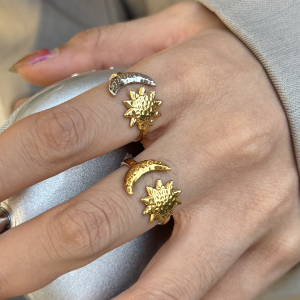 Bagues Tendance Rétro Soleil Et Lune En Acier Inoxydable Étanche Couleur Or h5 Image3