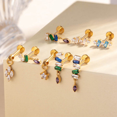 Boucles d'oreilles piercing pour femme, forme géométrique simple en étoile, alliage de titane, couleur or, zircon.