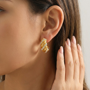 Boucles D'Oreilles Puces Pour Femmes, Forme Irrégulière, En Acier Inoxydable, Couleur Or, Étanches, Avec Strass, Collection Simple Series Daily h5 Image4