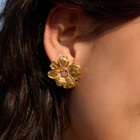 Boucles d'oreilles puces rétro à fleurs en acier inoxydable étanche couleur or avec zircon pour femmes