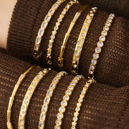 Bracelet jonc classique rectangulaire en acier inoxydable, étanche, couleur or, avec zircon pour femme 2