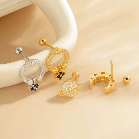 Boucles d'oreilles piercing pour femme, collection Simple, motif cœur, croix, papillon et lune, couleur cuivre et or, zircon. 2