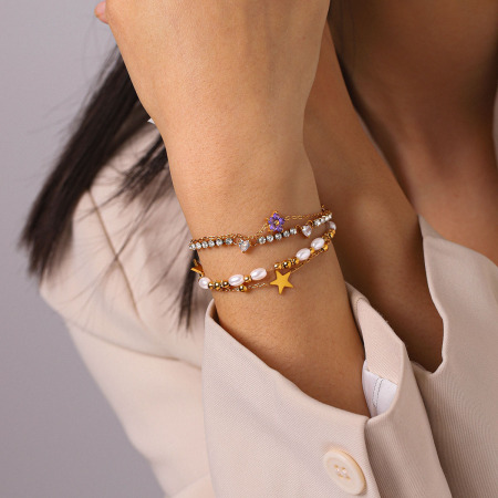 Bracelet chaîne femme Simple Daily Flower Star en acier inoxydable étanche couleur or avec zircon