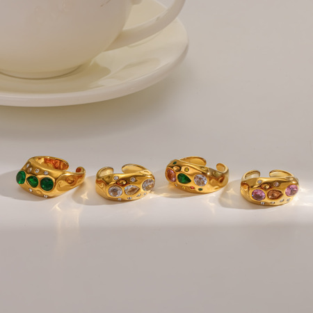 Bagues pour femmes luxueuses en acier inoxydable étanche couleur or avec strass et pierres précieuses 2
