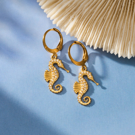 Boucles d'oreilles pendantes pour femme, style hippocampe, en acier inoxydable étanche, couleur or et zircon. 2
