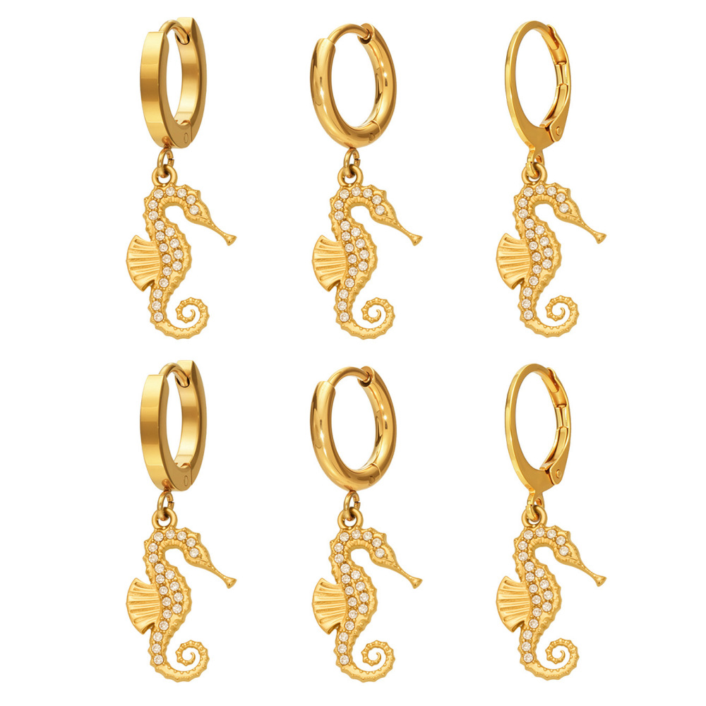 Boucles D'Oreilles Pendantes Pour Femme, Style Hippocampe, En Acier Inoxydable Étanche, Couleur Or Et Zircon. Image5