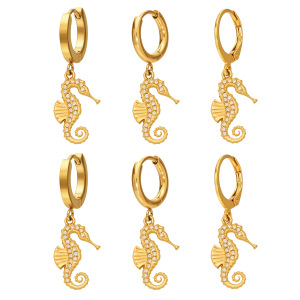Boucles D'Oreilles Pendantes Pour Femme, Style Hippocampe, En Acier Inoxydable Étanche, Couleur Or Et Zircon. h5 Image5