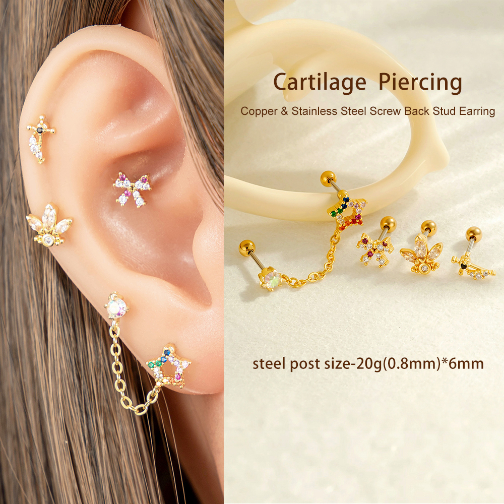 Boucles D'Oreilles Piercing Pour Femme, Style Simple, En Forme De Cœur, Nœud Papillon Et Étoile, Couleur Cuivre Doré Et Zircon. Image5