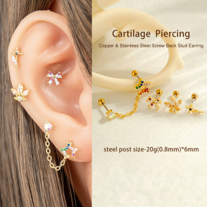 Boucles D'Oreilles Piercing Pour Femme, Style Simple, En Forme De Cœur, Nœud Papillon Et Étoile, Couleur Cuivre Doré Et Zircon. h5 Image5