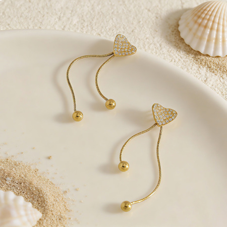 Boucles d'oreilles pendantes pour femme en acier inoxydable doré, en forme de cœur, avec strass, étanches. 2