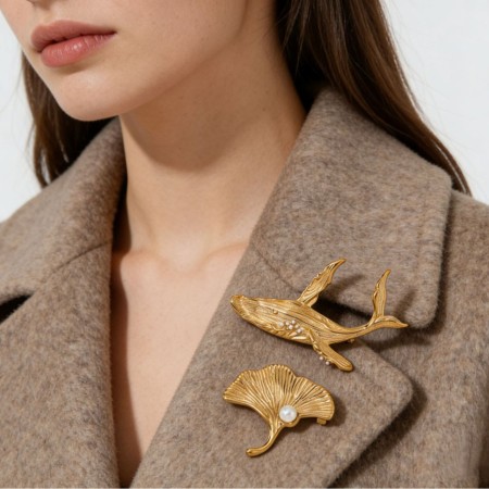 Broches rétro en acier inoxydable couleur or, motif feuille d'animal