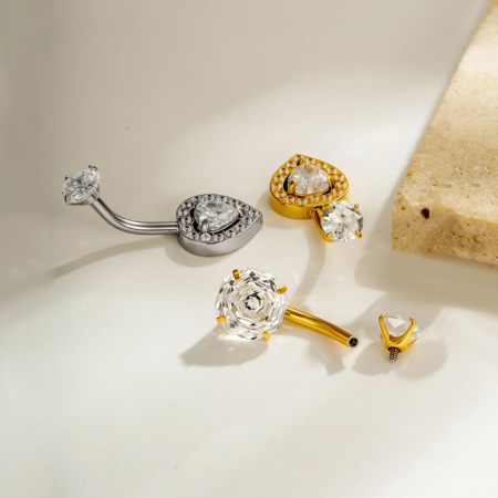 Piercing nombril Simple Series Fleur Cœur Acier inoxydable Étanche Couleur or Zircon 2
