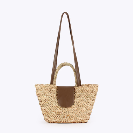 Sac trapèze femme en paille tressée patchwork unie style vacances