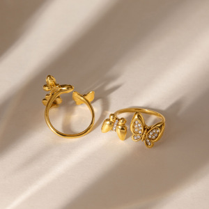 Bagues Romantiques En Acier Inoxydable Doré Avec Zircon, Collection Sweet Butterfly. h5 Image5