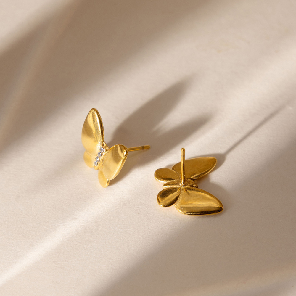 Boucles D'Oreilles Papillon Douces En Acier Inoxydable, Étanches, Couleur Or, Avec Zircon. Image4