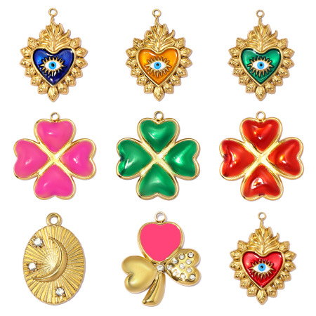 Pendentifs femme rétro en émail, œil du diable, cœur et trèfle, en acier inoxydable étanche, couleur or
