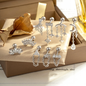 Boucles D'Oreilles Piercing Femme, Motif Fleur Simple, Triangle Et Lune, Zircon Couleur Cuivre Doré h5 Image5