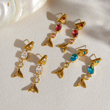 Boucles d'oreilles pendantes pour femme, style rétro, en acier inoxydable, couleur or, avec zircon, résistantes à l'eau. Motif poisson. Collection luxueuse.