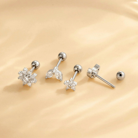 Boucles d'oreilles piercing femme, motif fleur simple, étoile et lune, en cuivre et zircon. 2