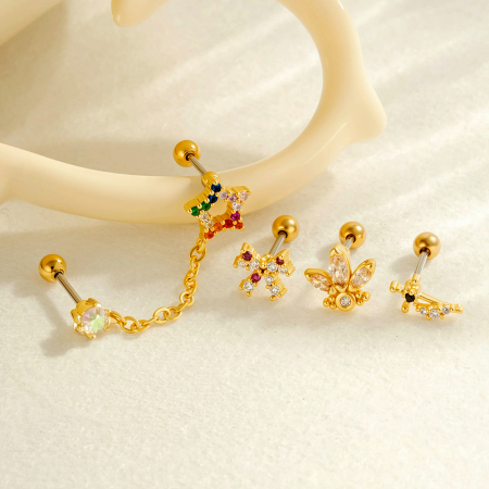 Boucles d'oreilles piercing pour femme, style simple, en forme de cœur, nœud papillon et étoile, couleur cuivre doré et zircon.