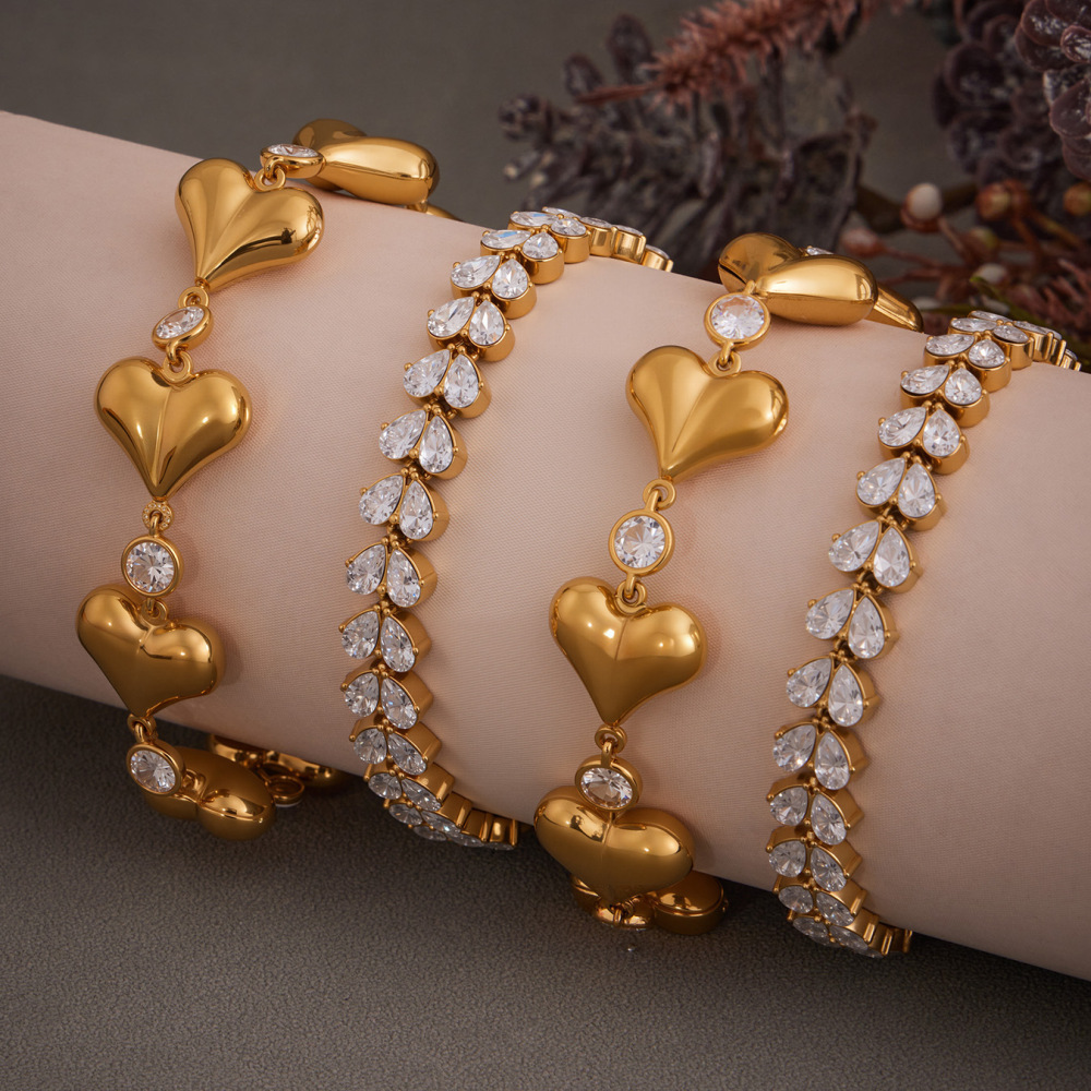 Bracelet Chaîne Femme En Acier Inoxydable, Imperméable, Couleur Or, Avec Zircon Et Motif Cœur Simple Image2