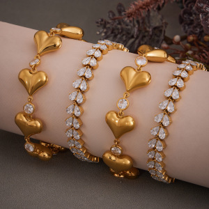 Bracelet Chaîne Femme En Acier Inoxydable, Imperméable, Couleur Or, Avec Zircon Et Motif Cœur Simple h5 Image2