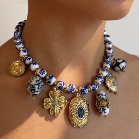 Colliers de perles rétro Qinghua en porcelaine, acier inoxydable, couleur or, étanches, pour femmes 2